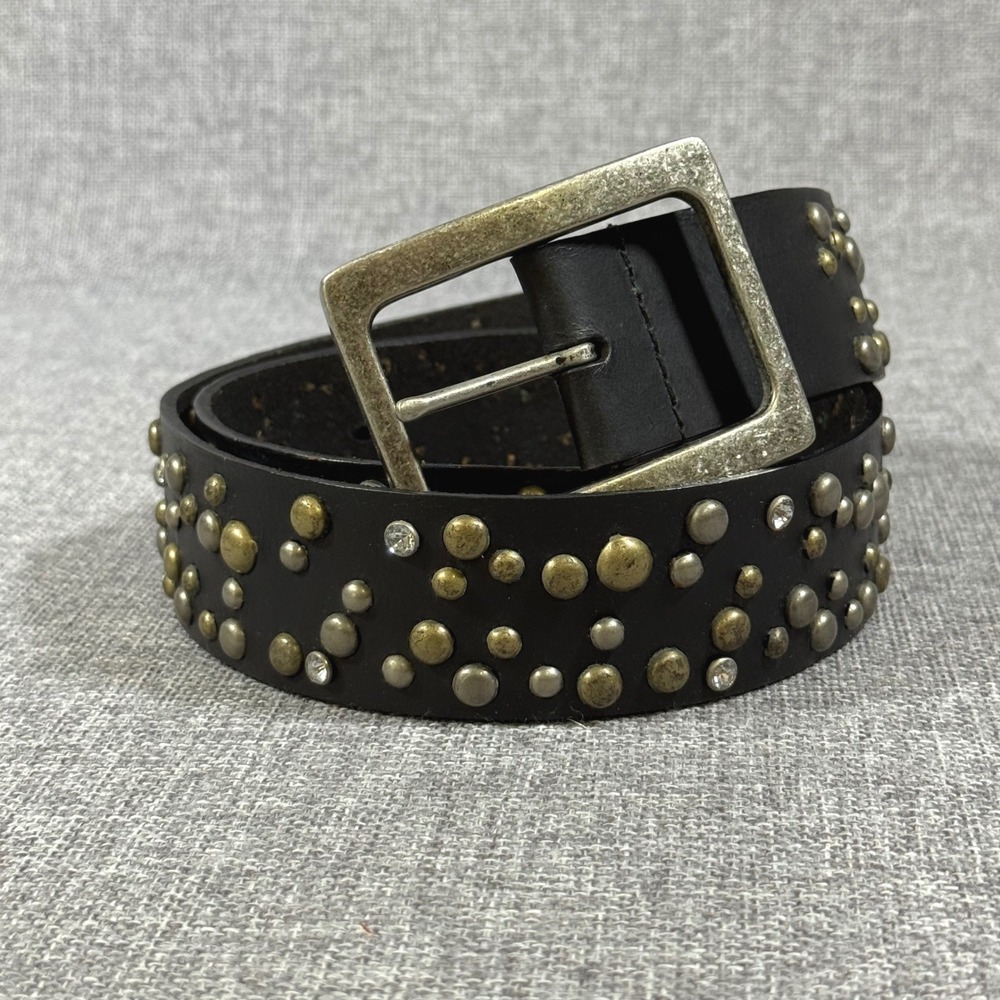 Studded Rinestone Leather Belt Womens Large Black Silver Buckle Grunge Y2K Edgy